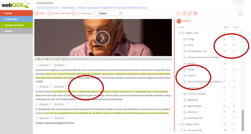 webQDA Codificação Vídeo e Texto