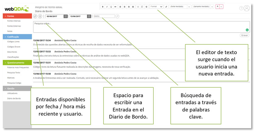 Acciones disponibles en el diario de a bordo webQDA