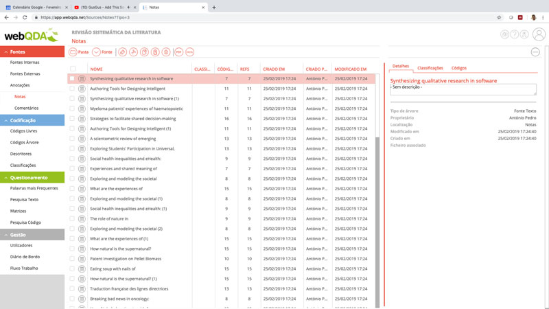 Figura 1 – Importação de metadados para o webQDA