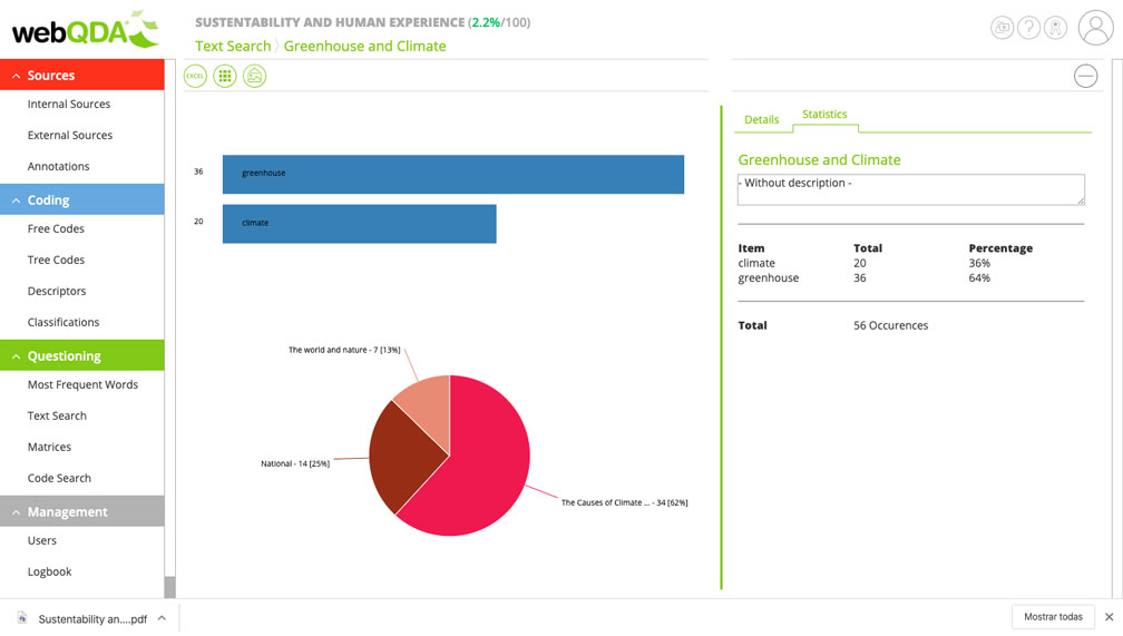 Bar graphs and circular graphs webQDA