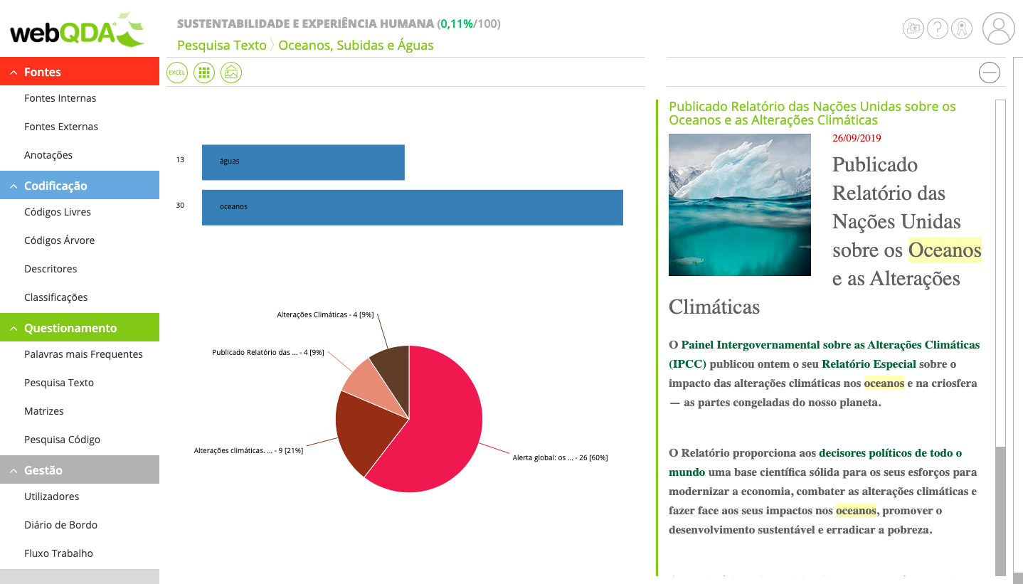 Gráficos de barras e gráficos circulares webQDA