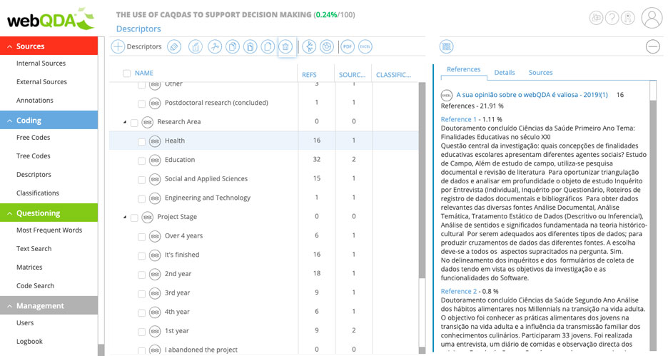 Descritores no webQDA e resultados associados a cada descritor