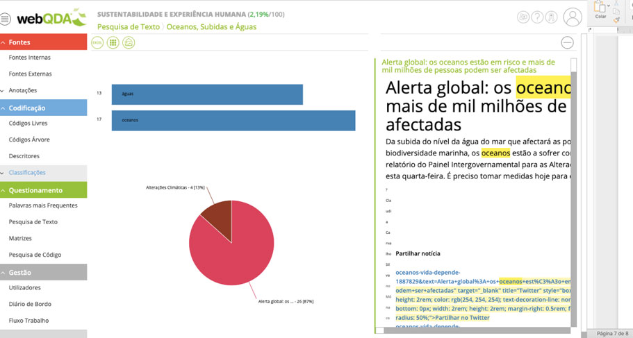 Gráficos de Barras e Circular gerado através de uma Pesquisa de Texto webQDA