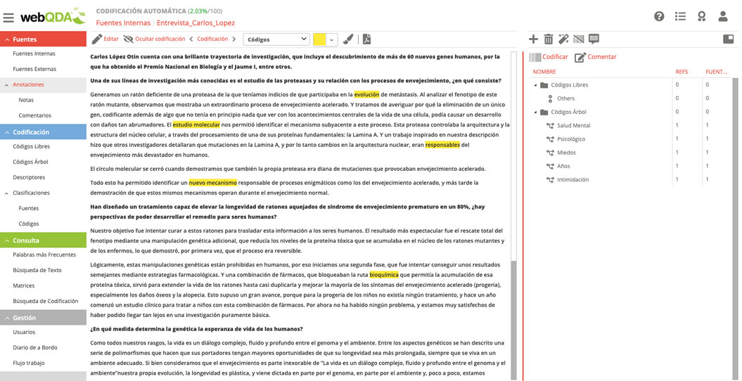 webQDA Codificación inductiva de unidades de texto