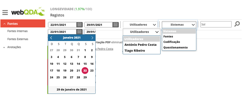 Opções do menu "Registos de Ações" webQDA